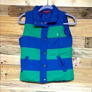 J.J. Basics size Medium Blue and Green Striped Snap Down and Zipper Puffer Vest